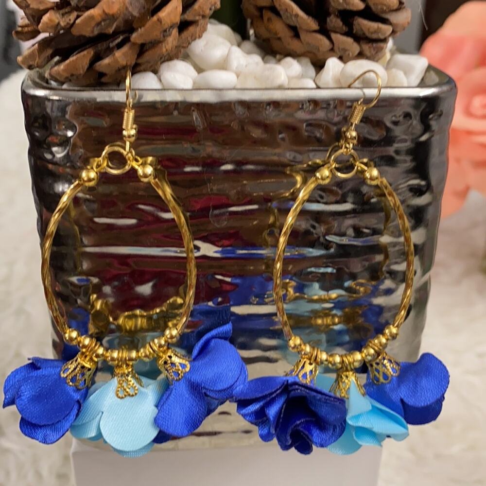 14k Gold Plated 4" Blue Floral Design Oval Bohemian Wire Handmade Earrings Boho